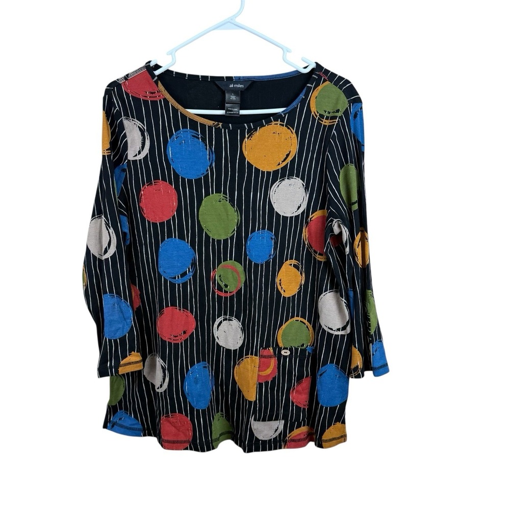 Ali Miles Shirt Womens Large Black Multicolor Dot Stripe Tunic Cotton Artsy